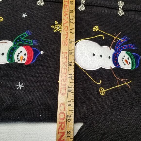 Crystal Kobe Snowman Skiing Ugly Christmas Cardigan Sweater Black Silver Medium - Picture 9 of 11